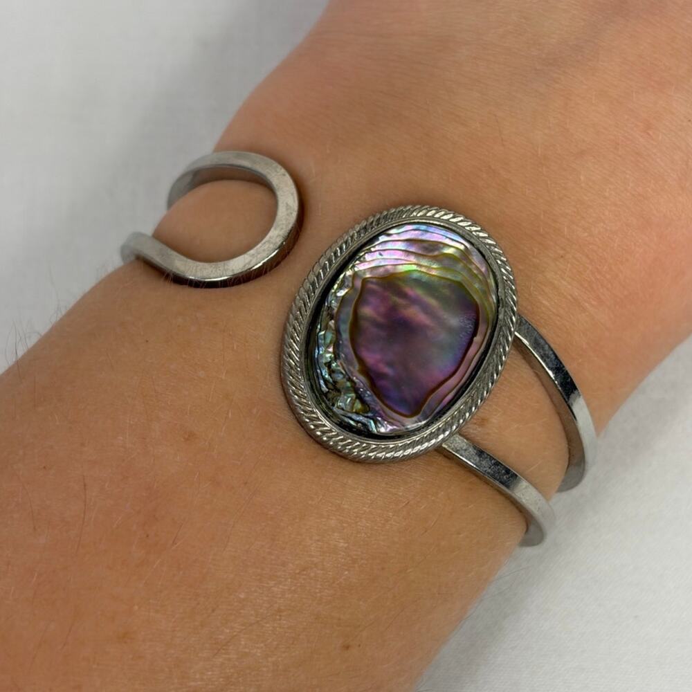 Silver Tone Cuff Bracelet Abalone Center Oval Hinge Cuff Statement Layering